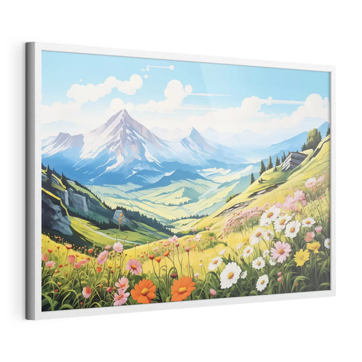 Poster Un vibrante paisaje de montaña con prados en flor, verdes colinas y majestuosos picos bajo un cielo azul despejado f42565