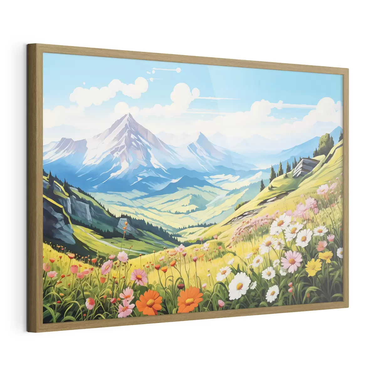 Poster Un vibrante paisaje de montaña con prados en flor, verdes colinas y majestuosos picos bajo un cielo azul despejado f42565