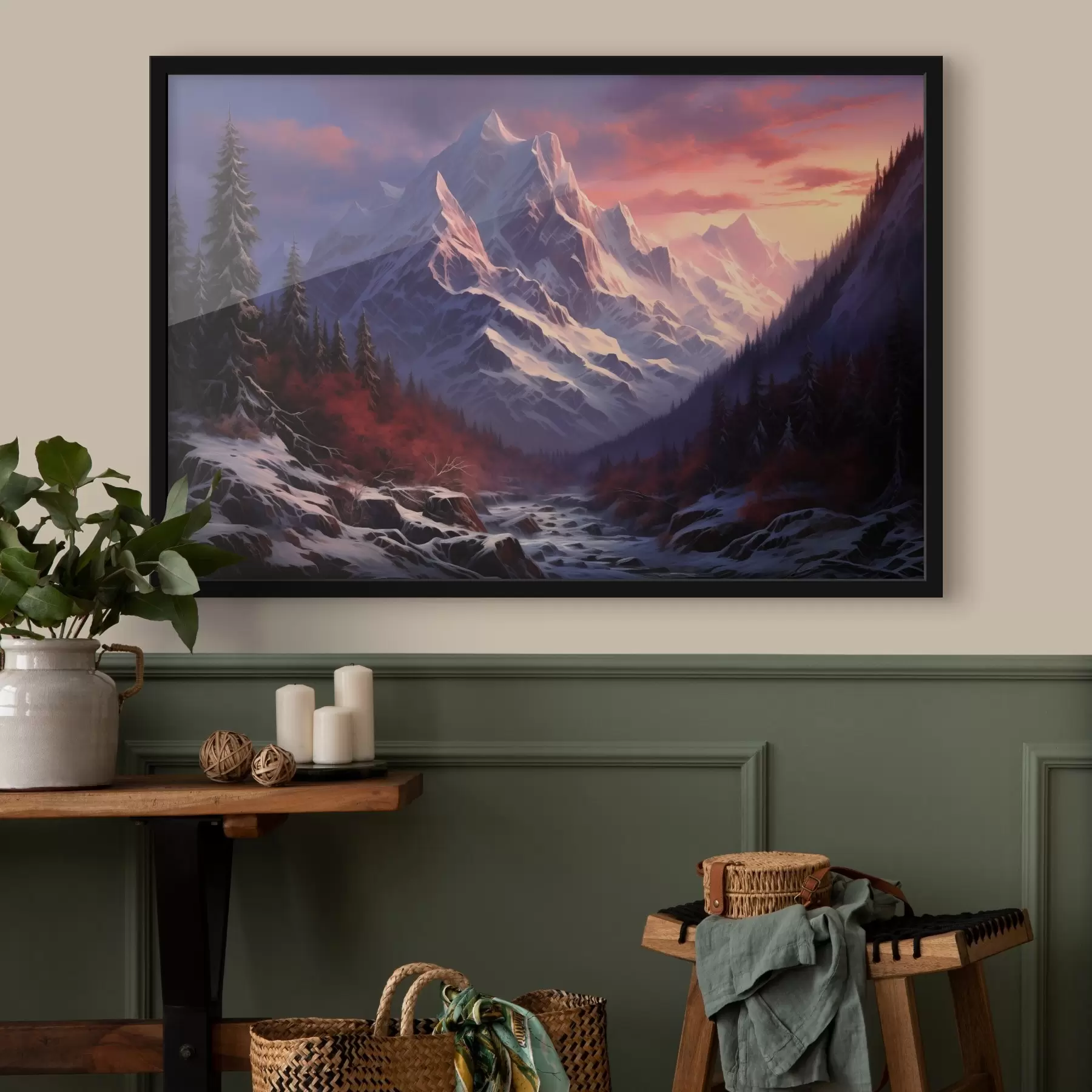 murales de pared Un impresionante paisaje de montaña al atardecer, con picos nevados, pinos oscuros y suaves tonos rosas y morados en el cielo. f42566