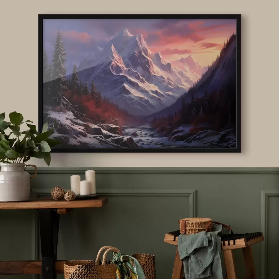 murales de pared Un impresionante paisaje de montaña al atardecer, con picos nevados, pinos oscuros y suaves tonos rosas y morados en el cielo. f42566