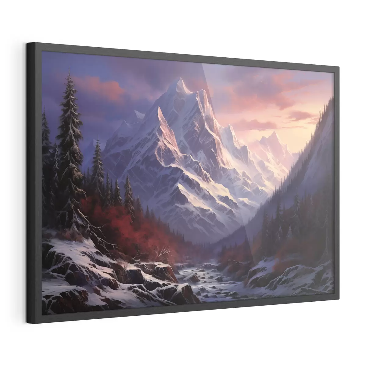 Poster Un impresionante paisaje de montaña al atardecer, con picos nevados, pinos oscuros y suaves tonos rosas y morados en el cielo f42566