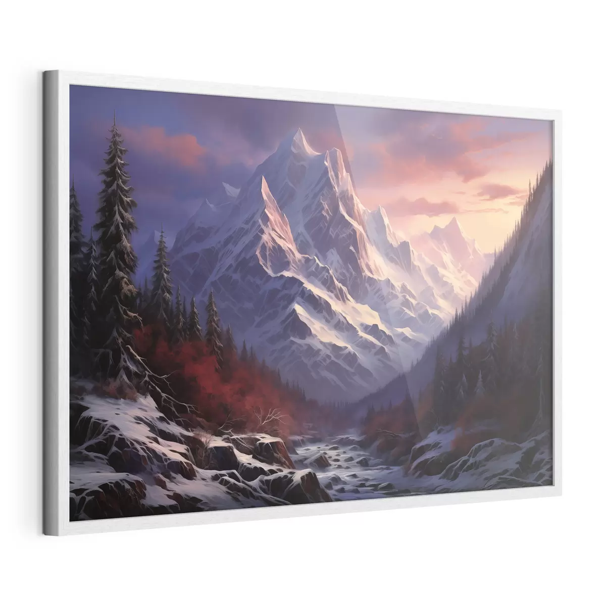 Poster Un impresionante paisaje de montaña al atardecer, con picos nevados, pinos oscuros y suaves tonos rosas y morados en el cielo f42566