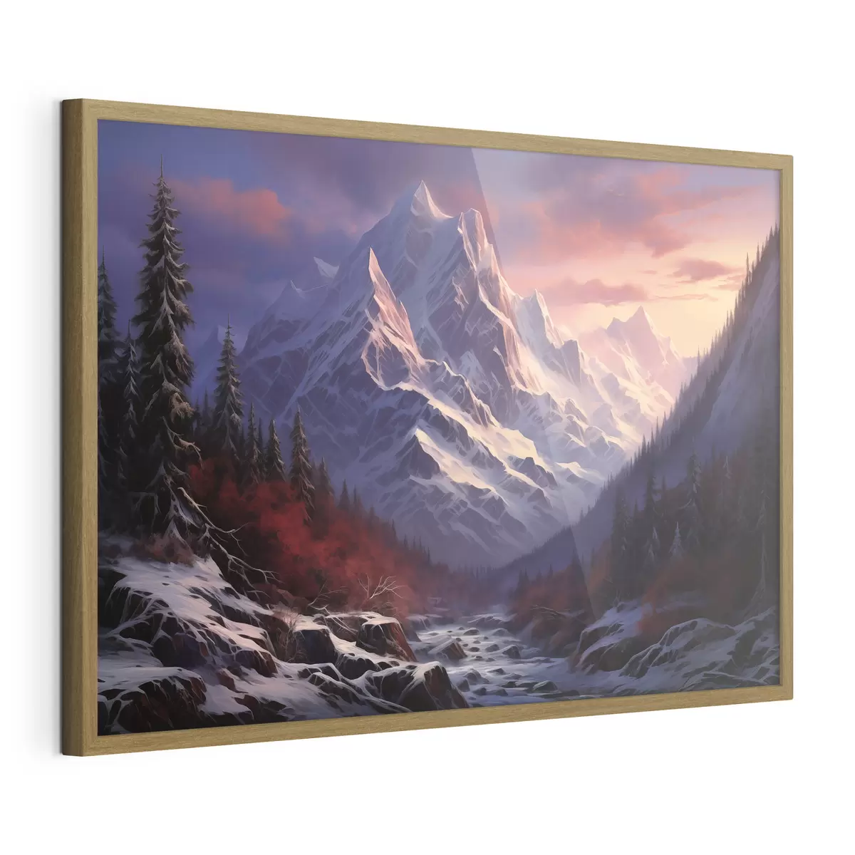 Poster Un impresionante paisaje de montaña al atardecer, con picos nevados, pinos oscuros y suaves tonos rosas y morados en el cielo f42566