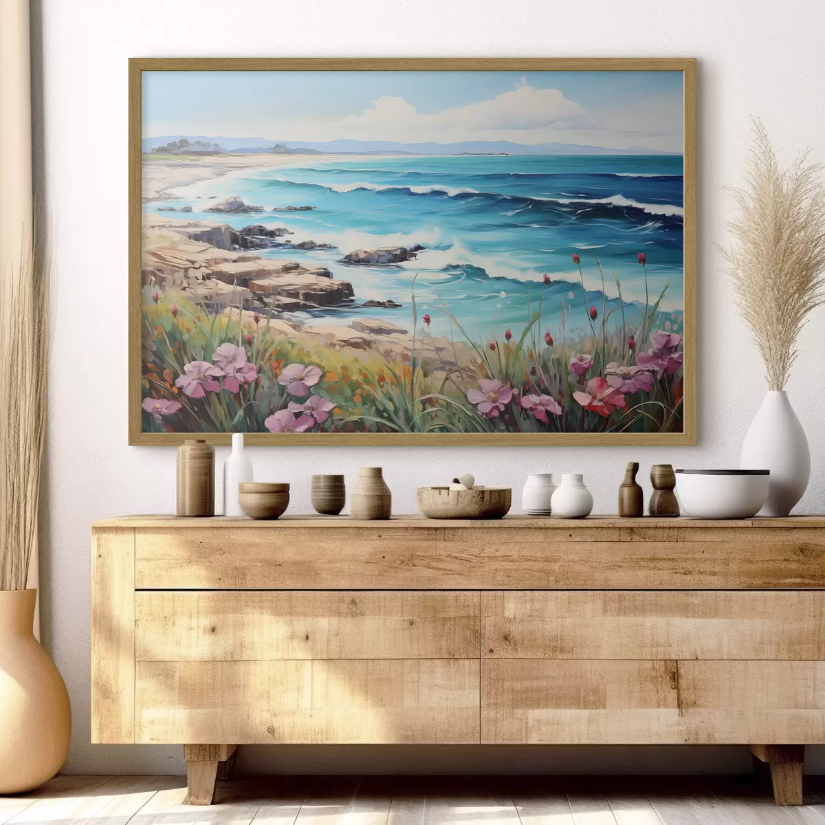 Poster Un paisaje marino con olas turquesas, una costa rocosa y flores brillantes en primer plano bajo un cielo azul despejado f42568
