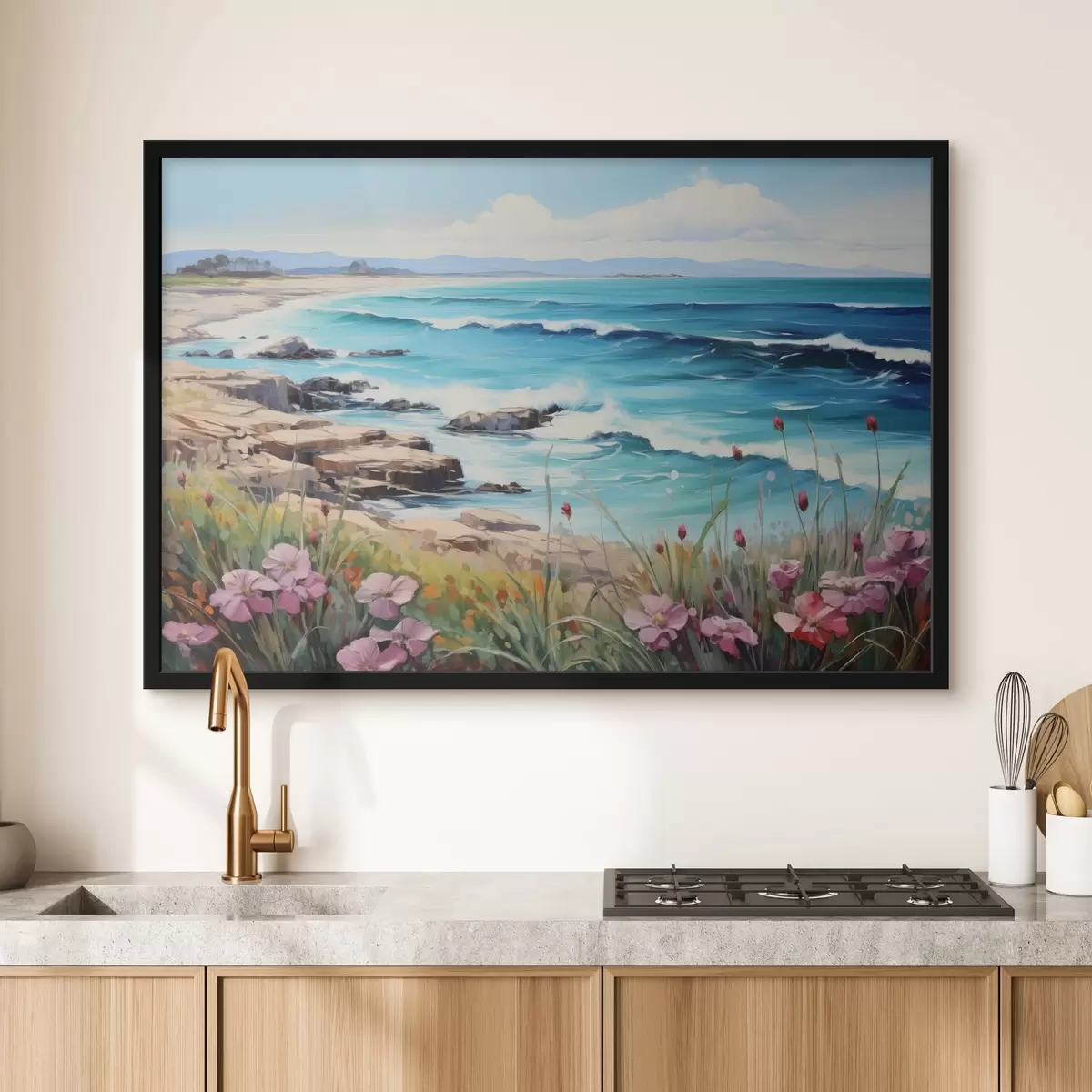 Poster Un paisaje marino con olas turquesas, una costa rocosa y flores brillantes en primer plano bajo un cielo azul despejado. f42568