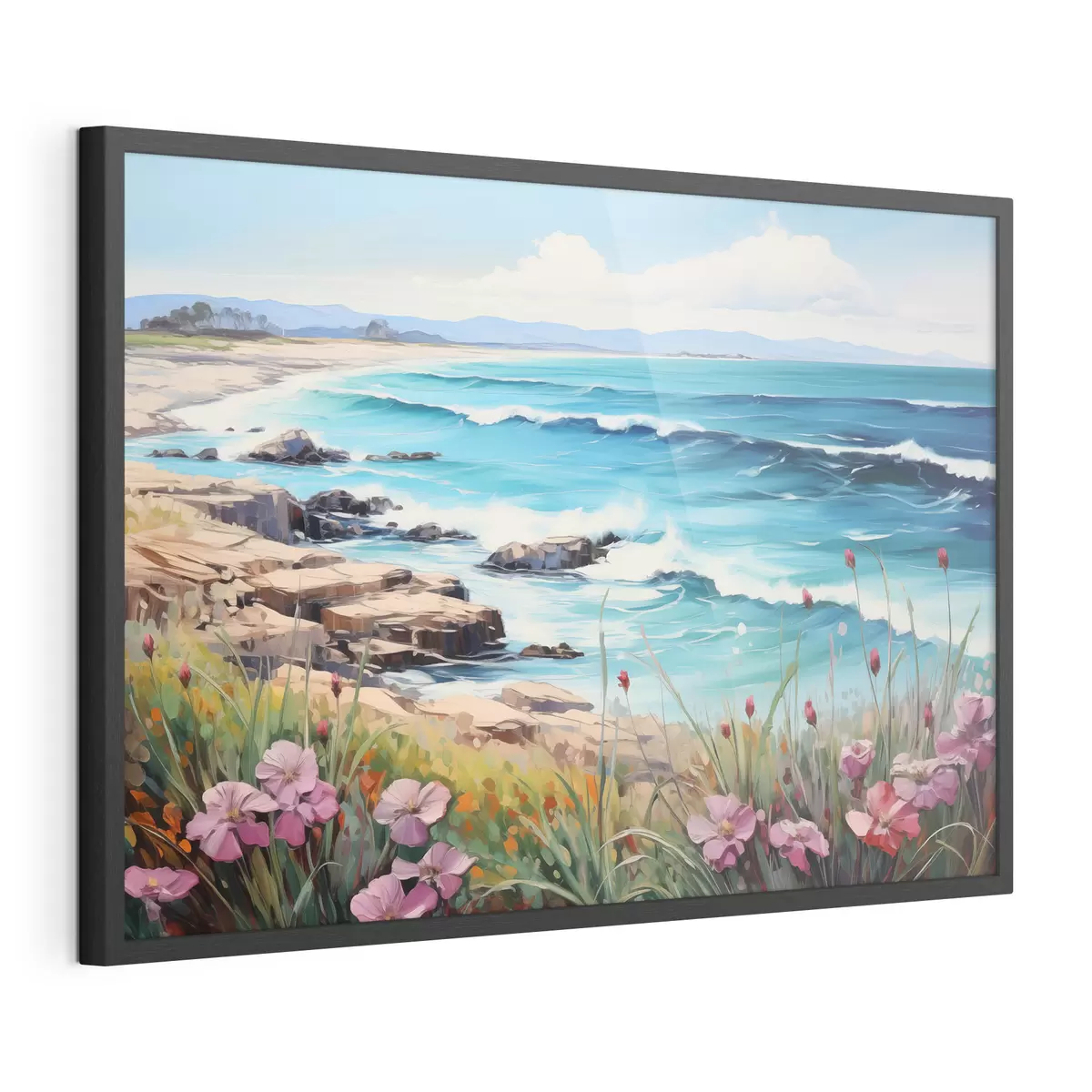 Poster Un paisaje marino con olas turquesas, una costa rocosa y flores brillantes en primer plano bajo un cielo azul despejado f42568