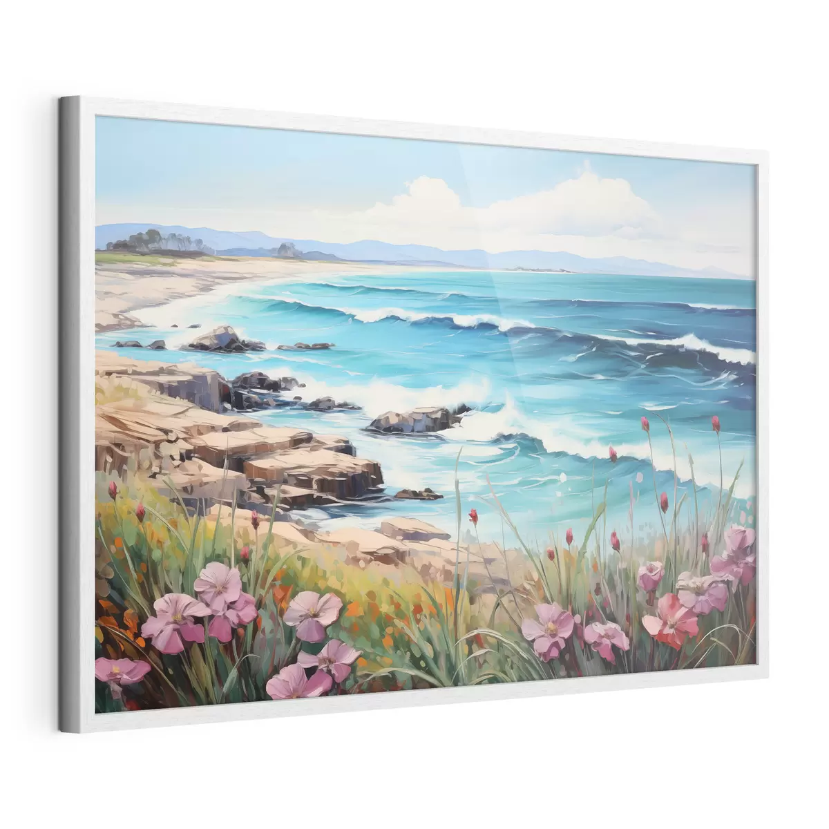 Poster Un paisaje marino con olas turquesas, una costa rocosa y flores brillantes en primer plano bajo un cielo azul despejado f42568