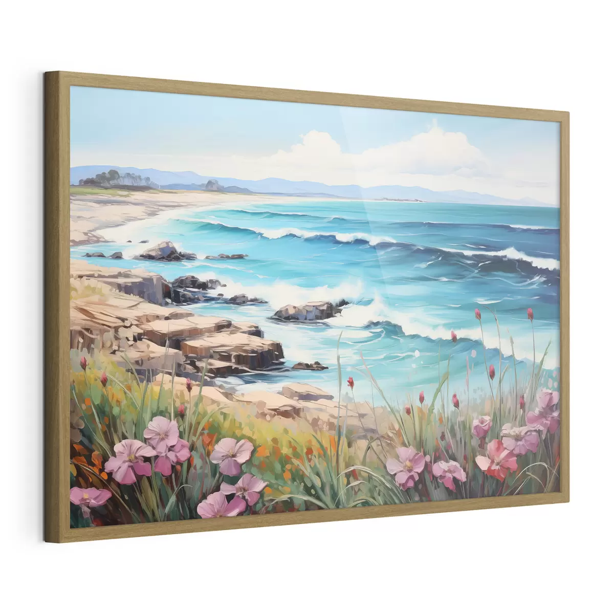 Poster Un paisaje marino con olas turquesas, una costa rocosa y flores brillantes en primer plano bajo un cielo azul despejado f42568