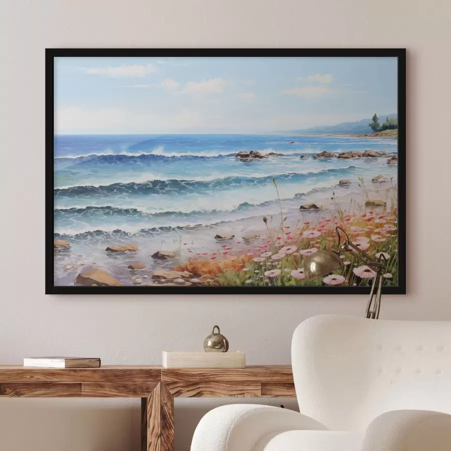 murales de pared Una vista junto al mar con olas turquesas, una playa de guijarros y delicadas flores rosas en primer plano bajo un cielo luminoso. f42569