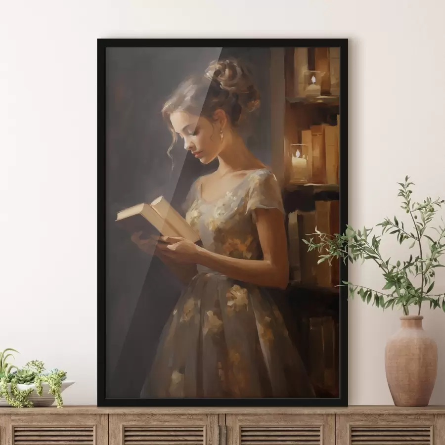murales de pared Una mujer joven con un vestido elegante lee un libro en un ambiente iluminado, rodeada de estanterías y del suave resplandor de las velas. f42570
