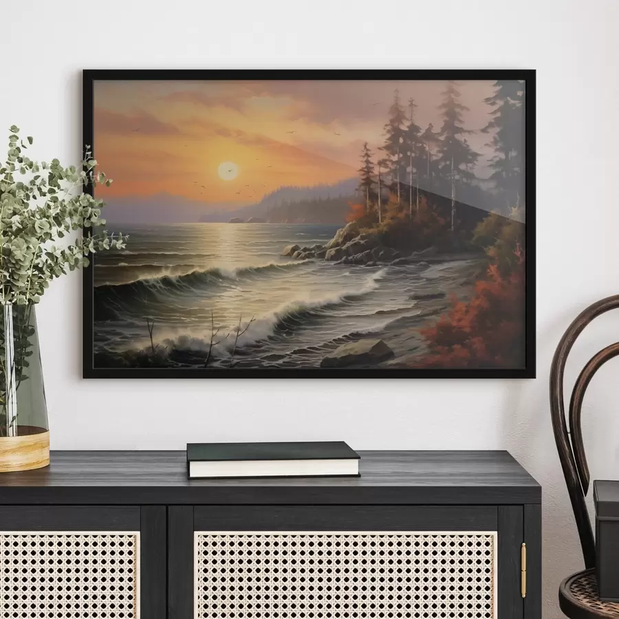 murales de pared Una puesta de sol sobre el mar con olas, un bosque de pinos y colores otoñales en primer plano. f42571