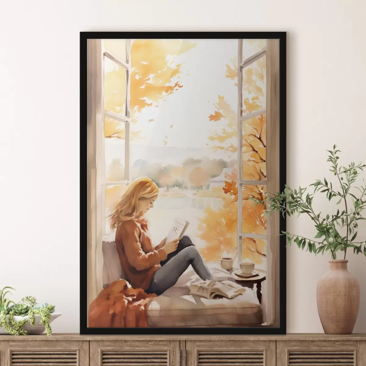 Poster Una chica lee un libro junto a una ventana abierta en un entorno otoñal, con árboles dorados y brillantes al fondo y una taza de té cerca. f42572