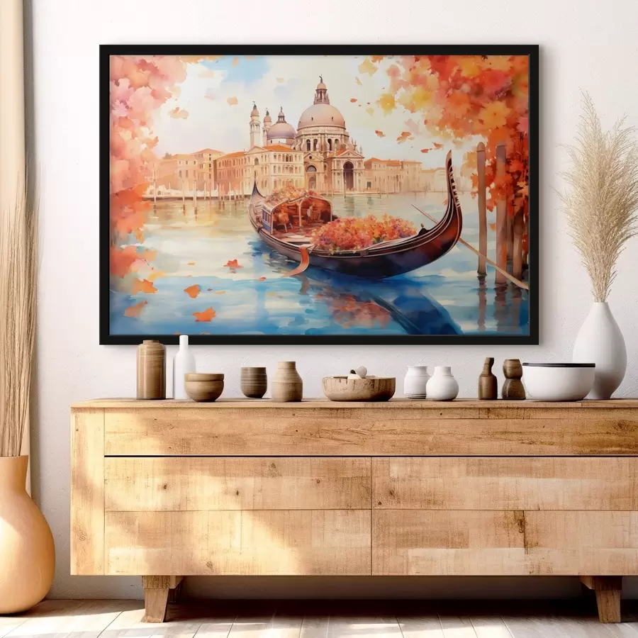 murales de pared Una vista otoñal de Venecia con una góndola rodeada de brillantes hojas naranjas y rojas, con reflejos de edificios en el agua tranquila del canal. f42576