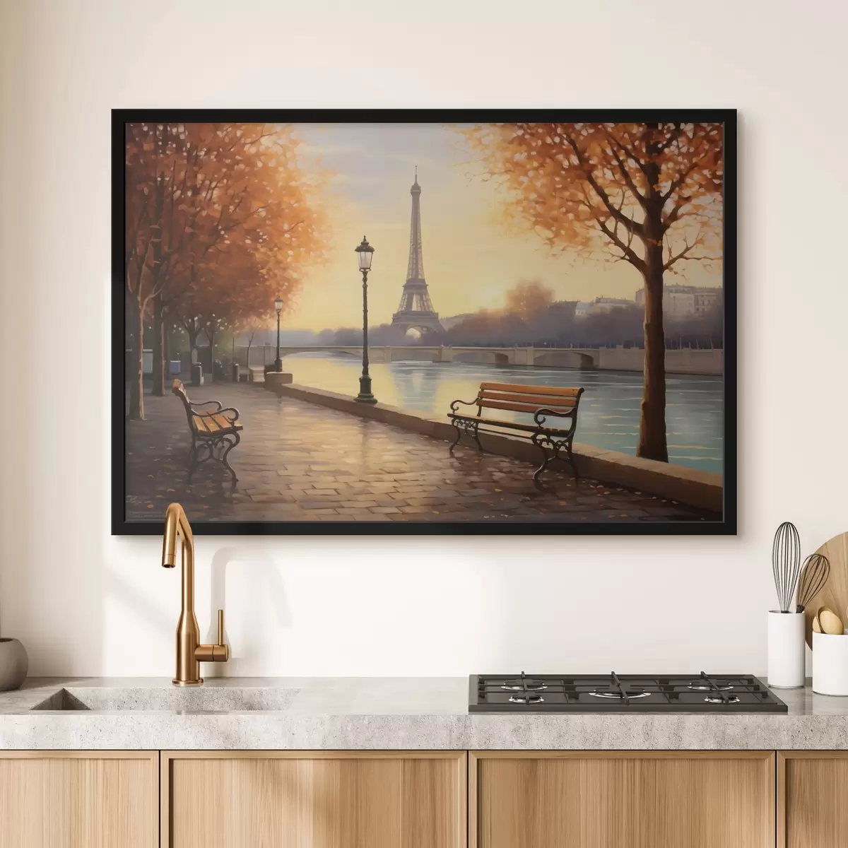 Poster Otoño en París con vistas a la Torre Eiffel, el Sena cubierto de hojas doradas, bancos y farolas que añaden un ambiente romántico. f42577