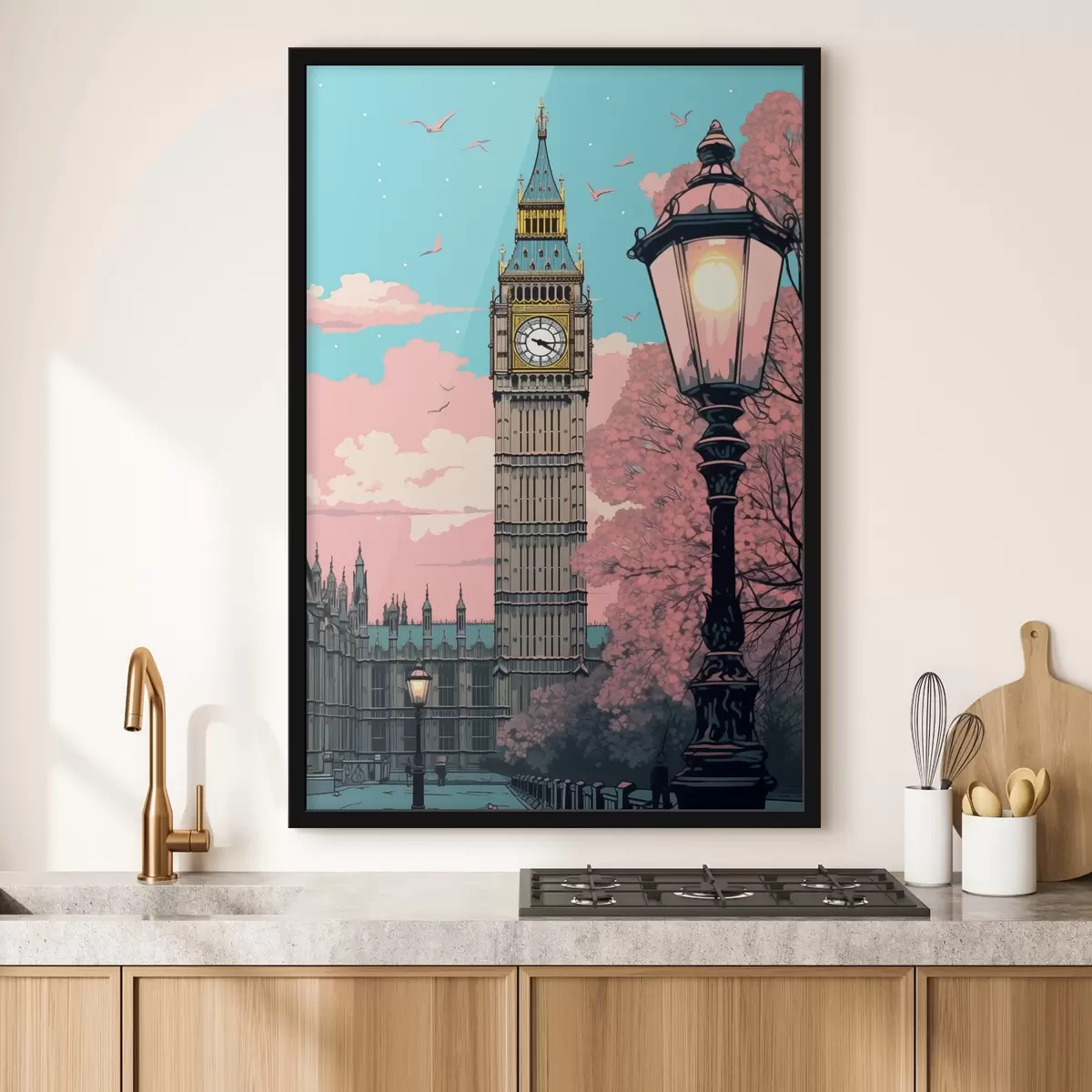 Poster Una vista del Big Ben con árboles de color rosa primaveral, un cielo azul brillante y una farola antigua en primer plano. f42578