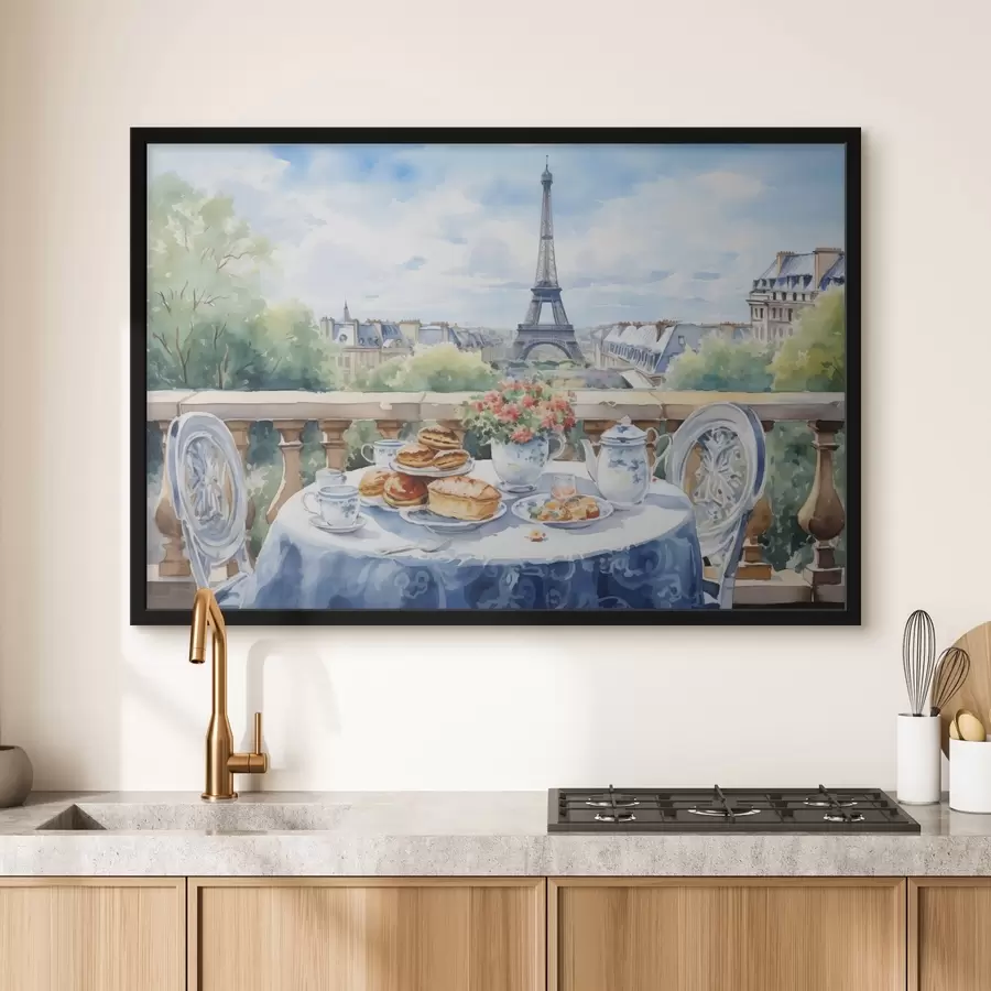 murales de pared Una romántica vista de la Torre Eiffel desde un balcón con una mesa puesta con postres, té y flores en un ambiente veraniego. f42579