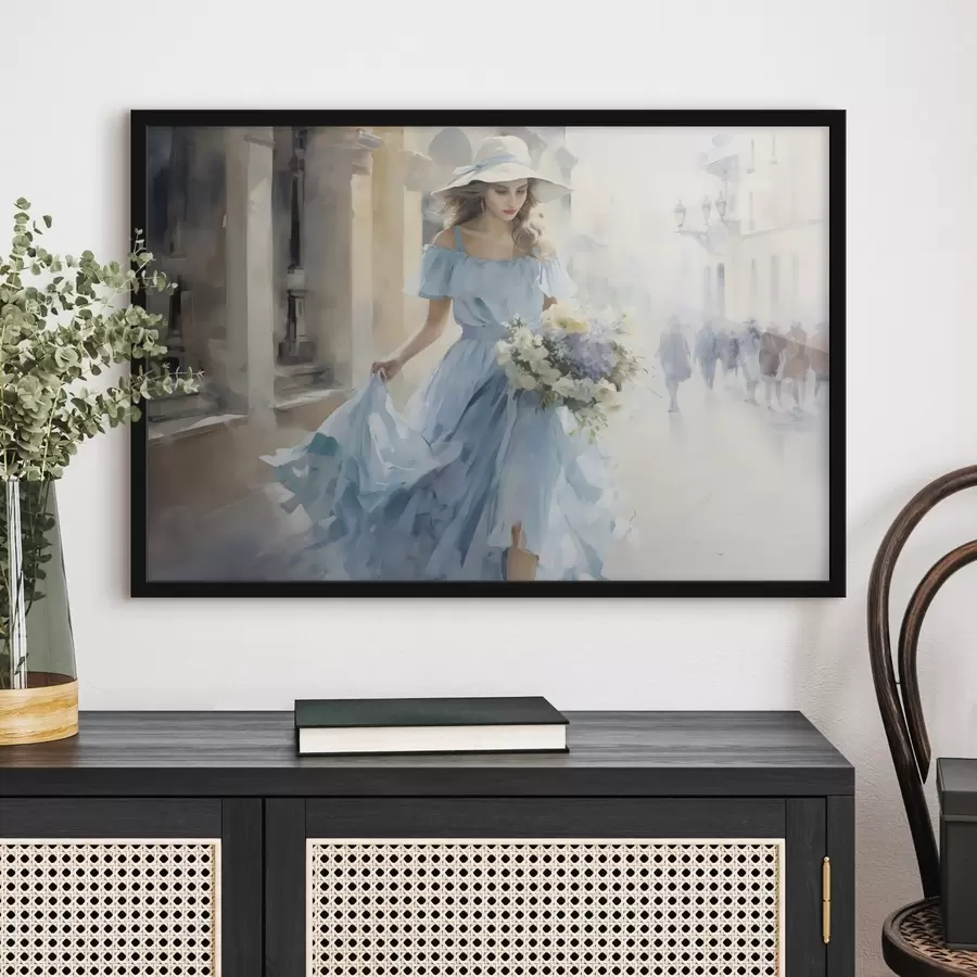 murales de pared Una chica elegante con un vestido azul claro y sombrero paseando por la ciudad, sosteniendo un ramo de flores, en un ambiente ligero y romántico. f42580