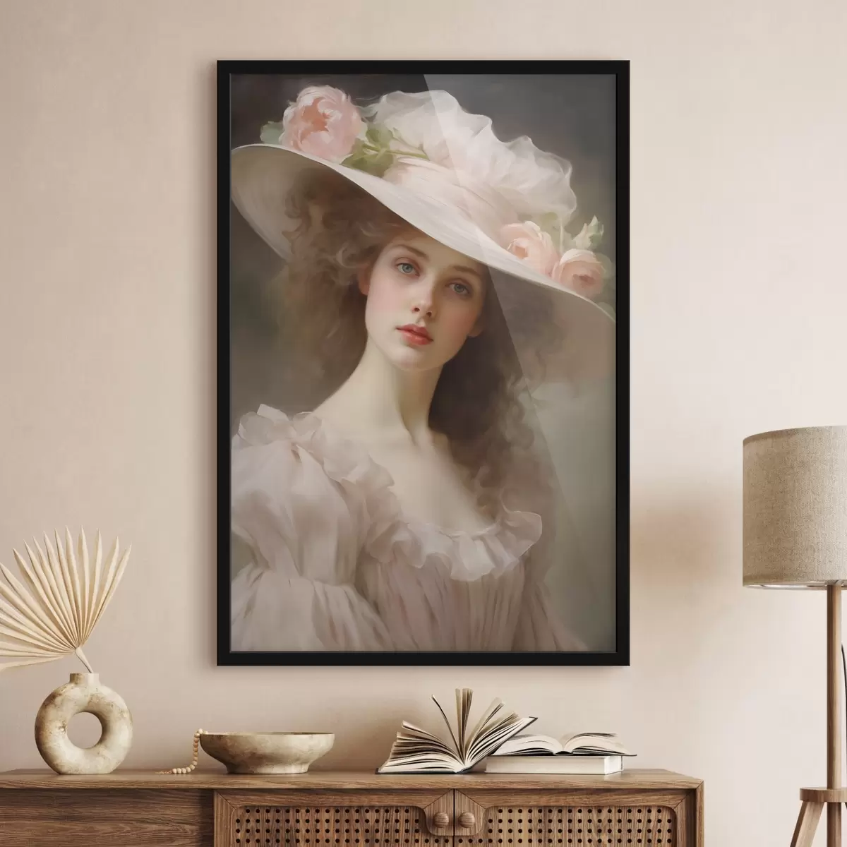 Poster Retrato de una joven con un delicado vestido rosa y un sombrero adornado con flores, de expresión romántica y refinada. f42581
