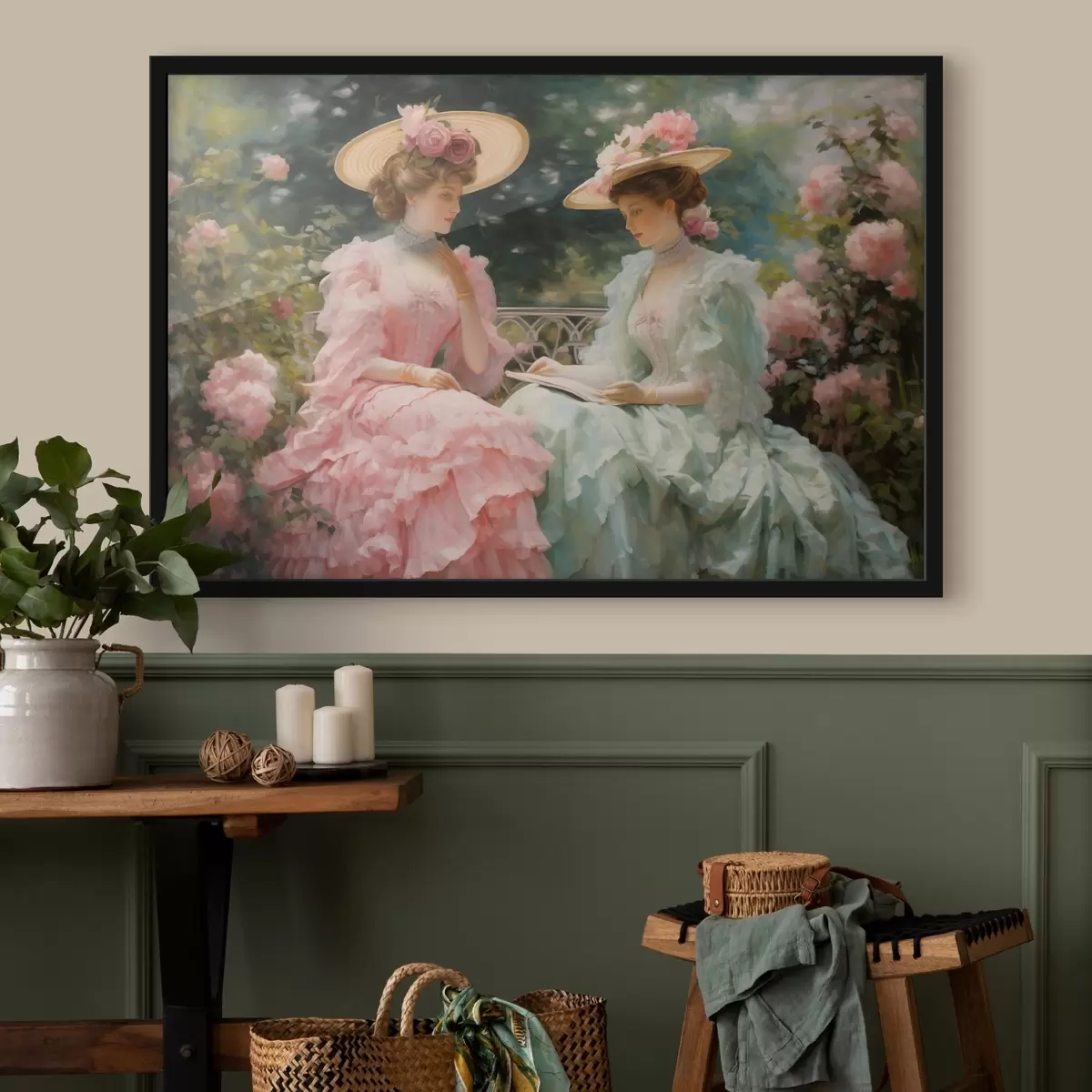 Poster Dos elegantes mujeres con vestidos pastel sentadas en un jardín entre rosas, leyendo un libro y disfrutando de un ambiente tranquilo. f42582