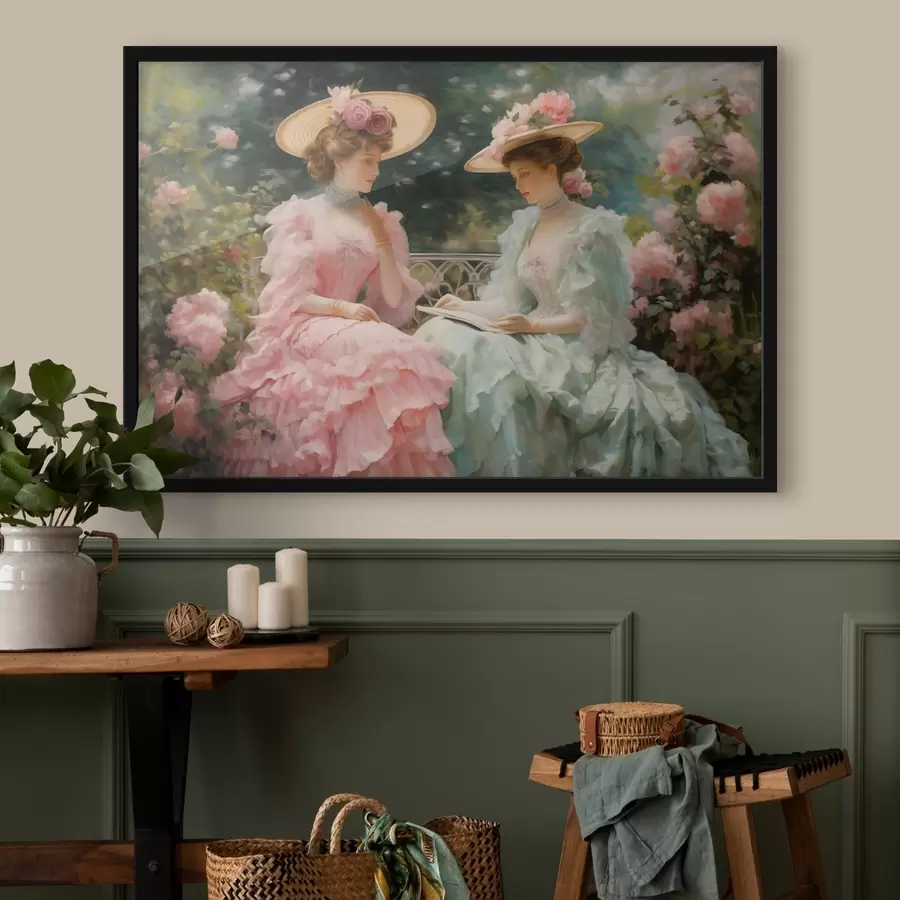 murales de pared Dos elegantes mujeres con vestidos pastel sentadas en un jardín entre rosas, leyendo un libro y disfrutando de un ambiente tranquilo. f42582