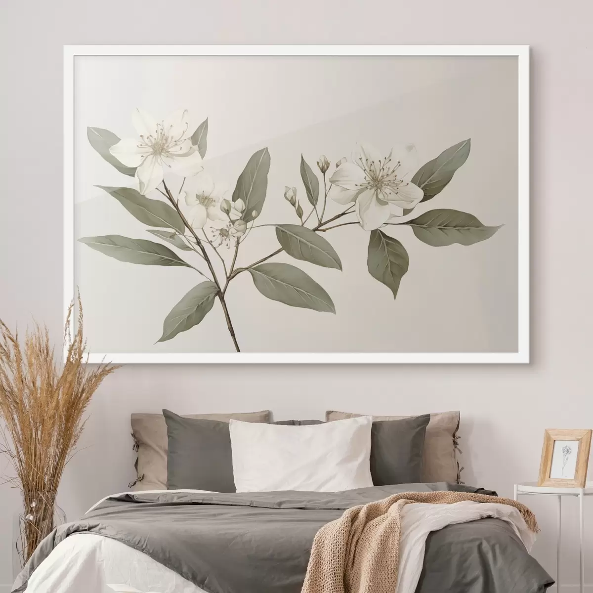 Poster Una delicada rama con flores blancas y hojas verdes sobre un fondo claro, con detalles suaves y un estilo elegante. f42583