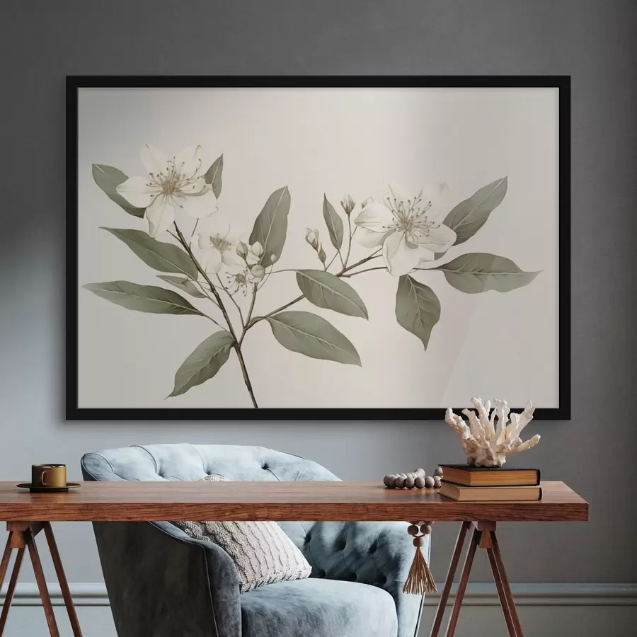 murales de pared Una delicada rama con flores blancas y hojas verdes sobre un fondo claro, con detalles suaves y un estilo elegante. f42583