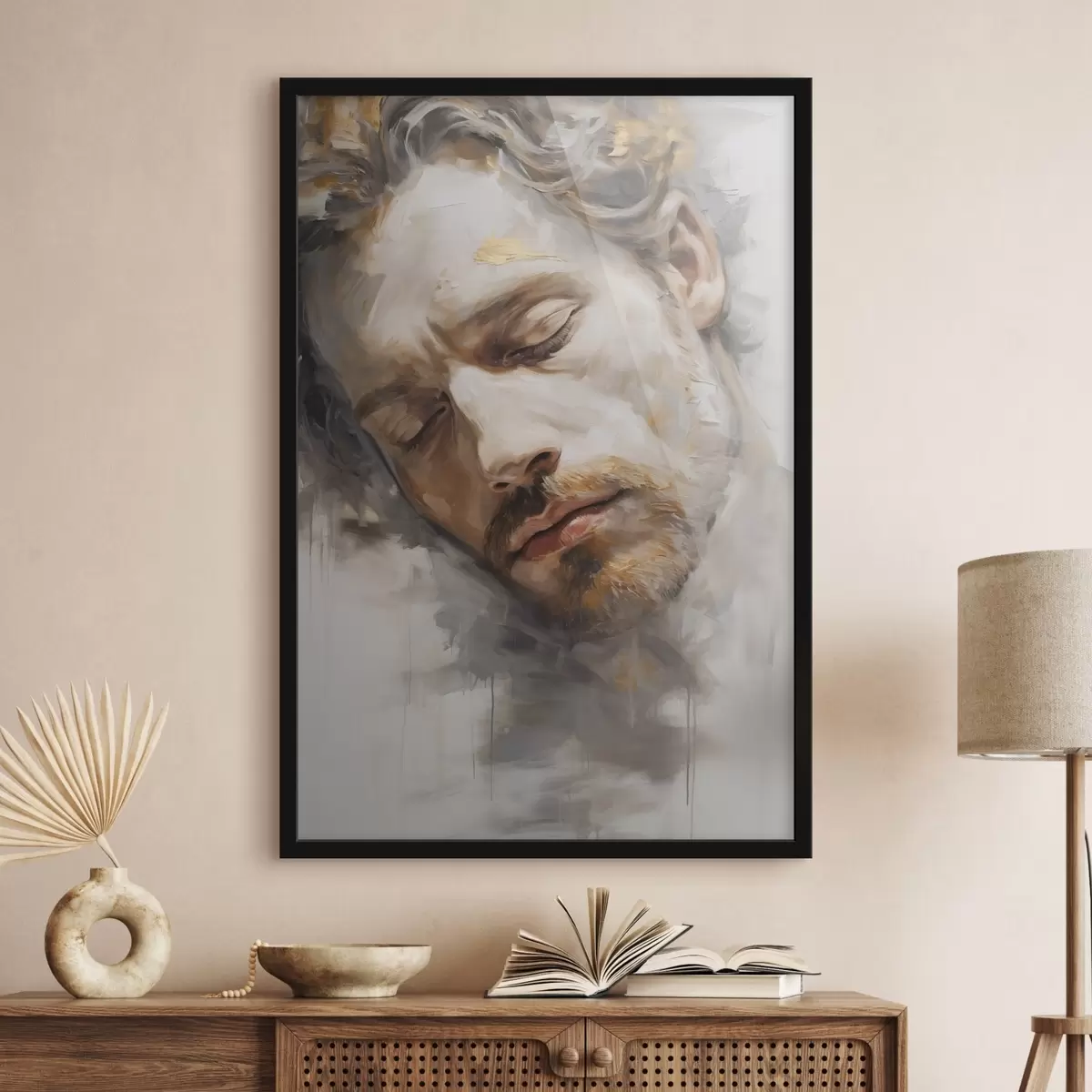 Poster Retrato abstracto de un hombre con los ojos cerrados, realizado en suaves tonos cálidos con pinceladas suaves que evocan una sensación de calma. f42621