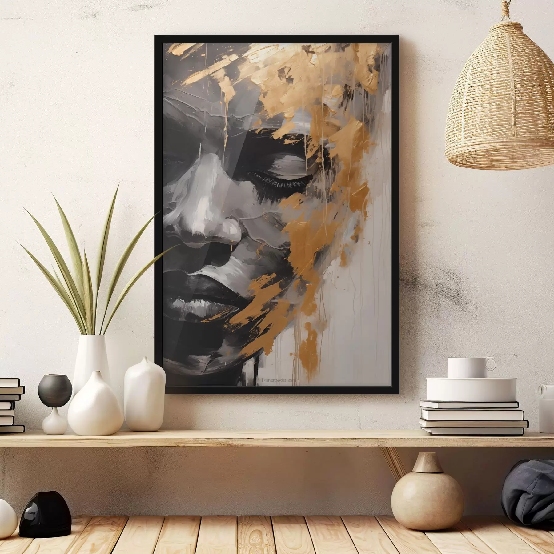 murales de pared Retrato abstracto de una mujer en tonos blanco y negro con atrevidas pinceladas de colores cálidos que añaden contraste y profundidad emocional. f42622