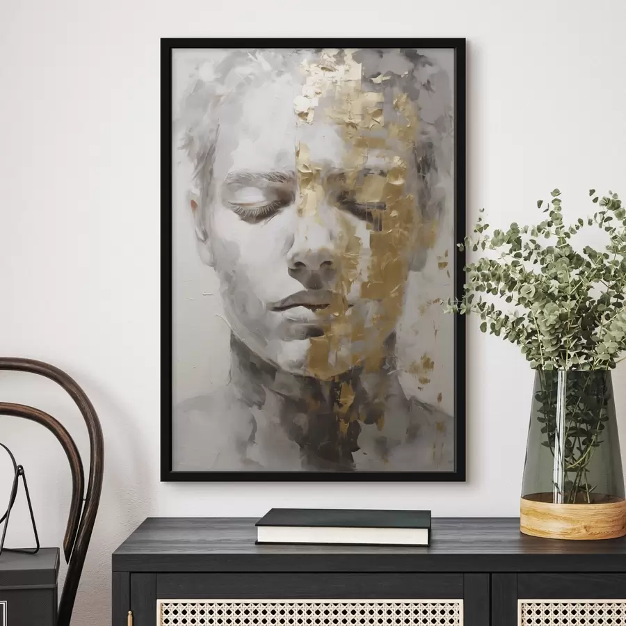 murales de pared Un retrato abstracto con los ojos cerrados, realizado en tonos claros con pinceladas contrastadas de colores cálidos que crean un estado de ánimo profundo y meditativo. f42624