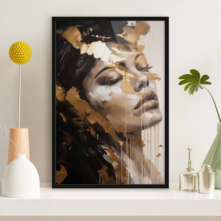 murales de pared Retrato abstracto de una mujer con expresión facial suave, realizado en tonos cálidos con pinceladas dinámicas que añaden profundidad y emoción. f42627