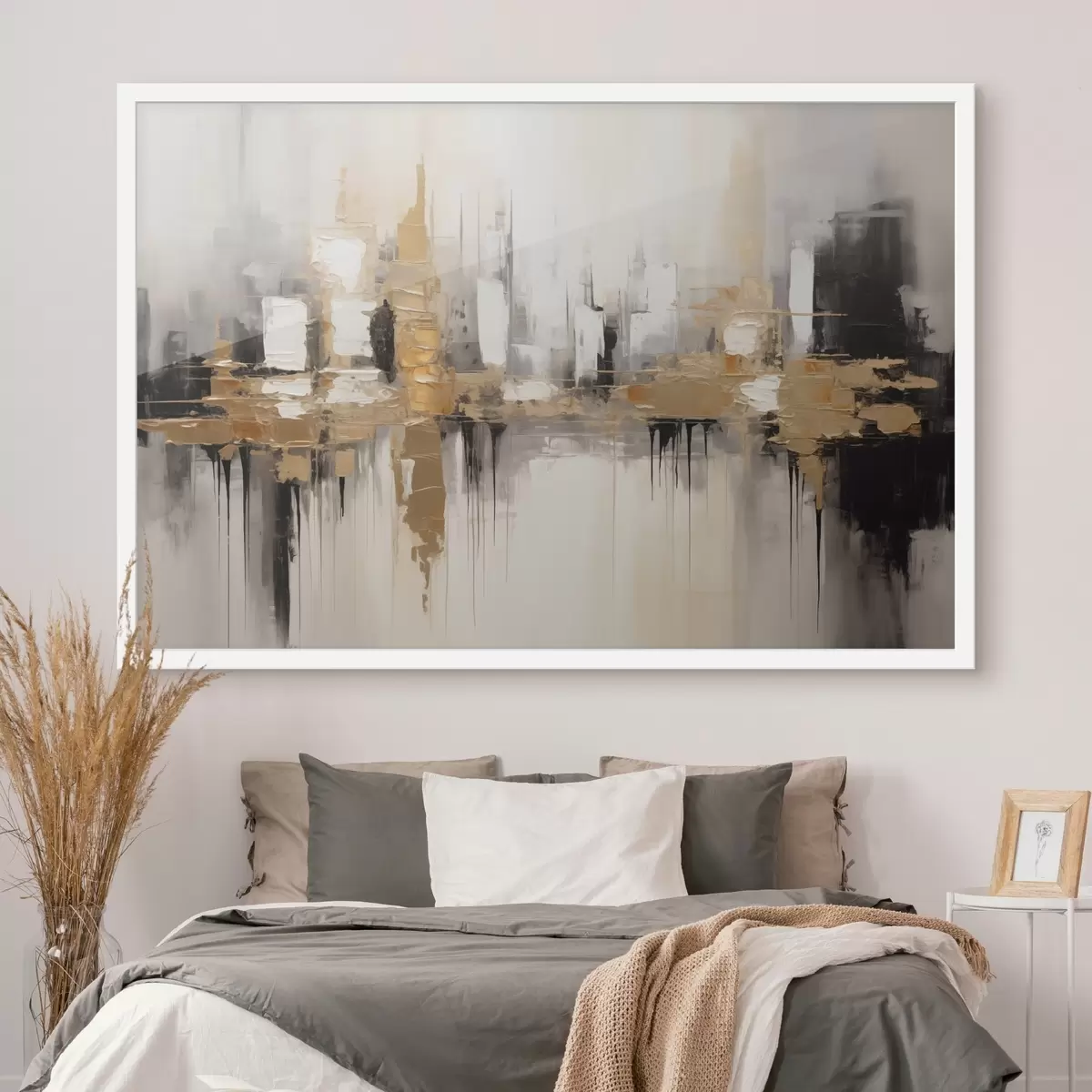 Poster Un paisaje urbano abstracto con reflejos de edificios en el agua, creado en tonos neutros con acentos de tonos cálidos. f42628