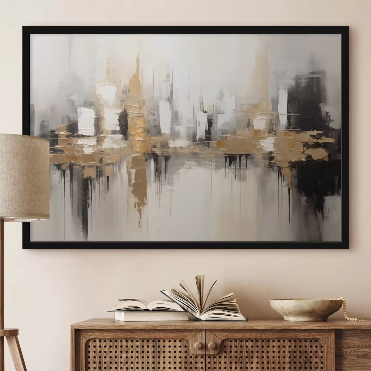 Poster Un paisaje urbano abstracto con reflejos de edificios en el agua, creado en tonos neutros con acentos de tonos cálidos. f42628