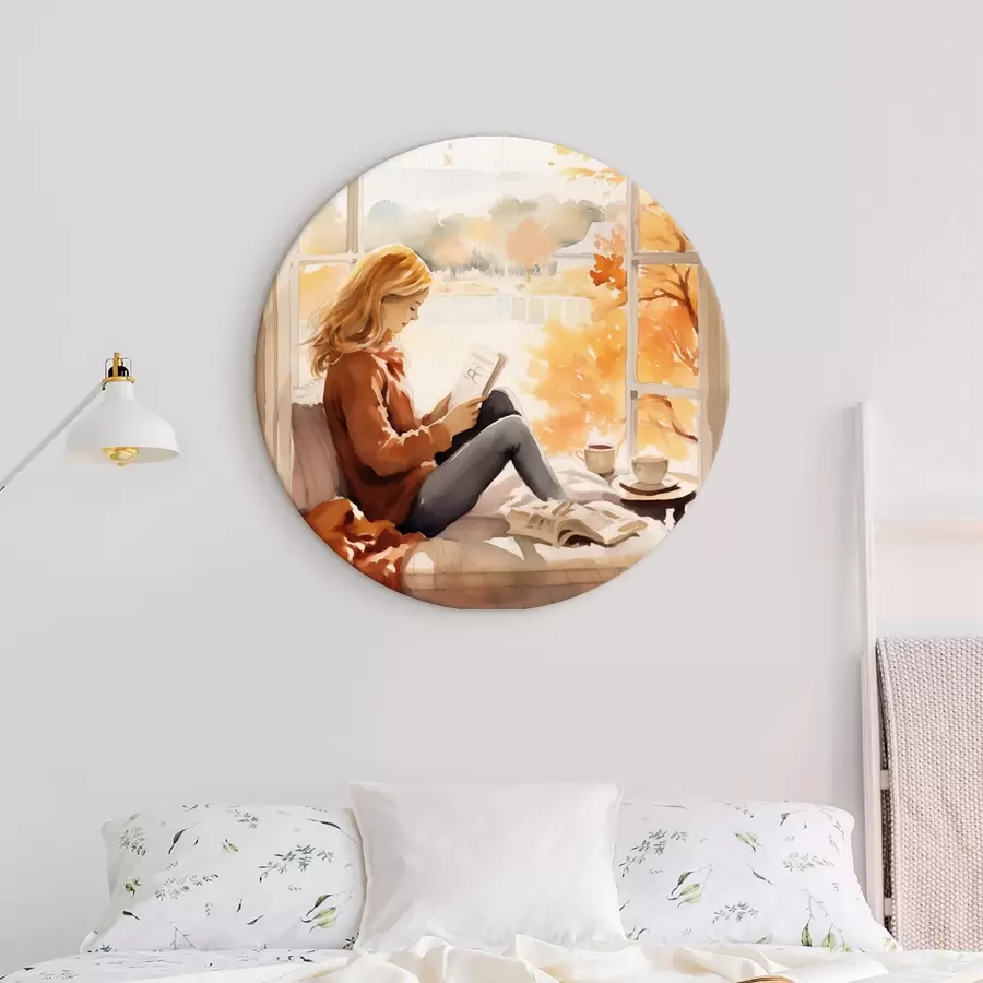 murales de pared Una chica lee un libro junto a una ventana abierta en un entorno otoñal, con árboles dorados y brillantes al fondo y una taza de té cerca r42572