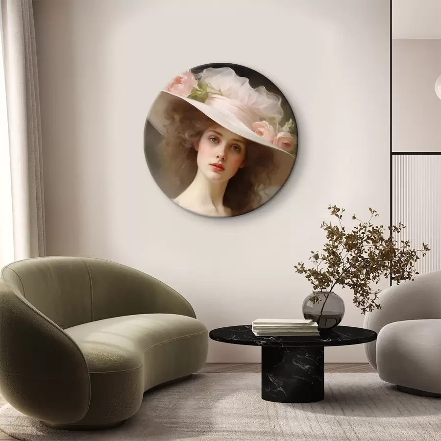 murales de pared Retrato de una joven con un delicado vestido rosa y un sombrero adornado con flores, de expresión romántica y refinada r42581