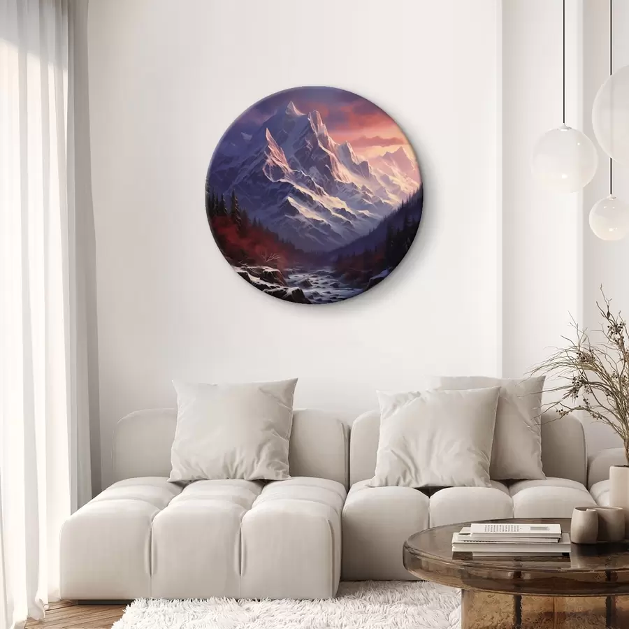 murales de pared Un impresionante paisaje de montaña al atardecer, con picos nevados, pinos oscuros y suaves tonos rosas y morados en el cielo r42566