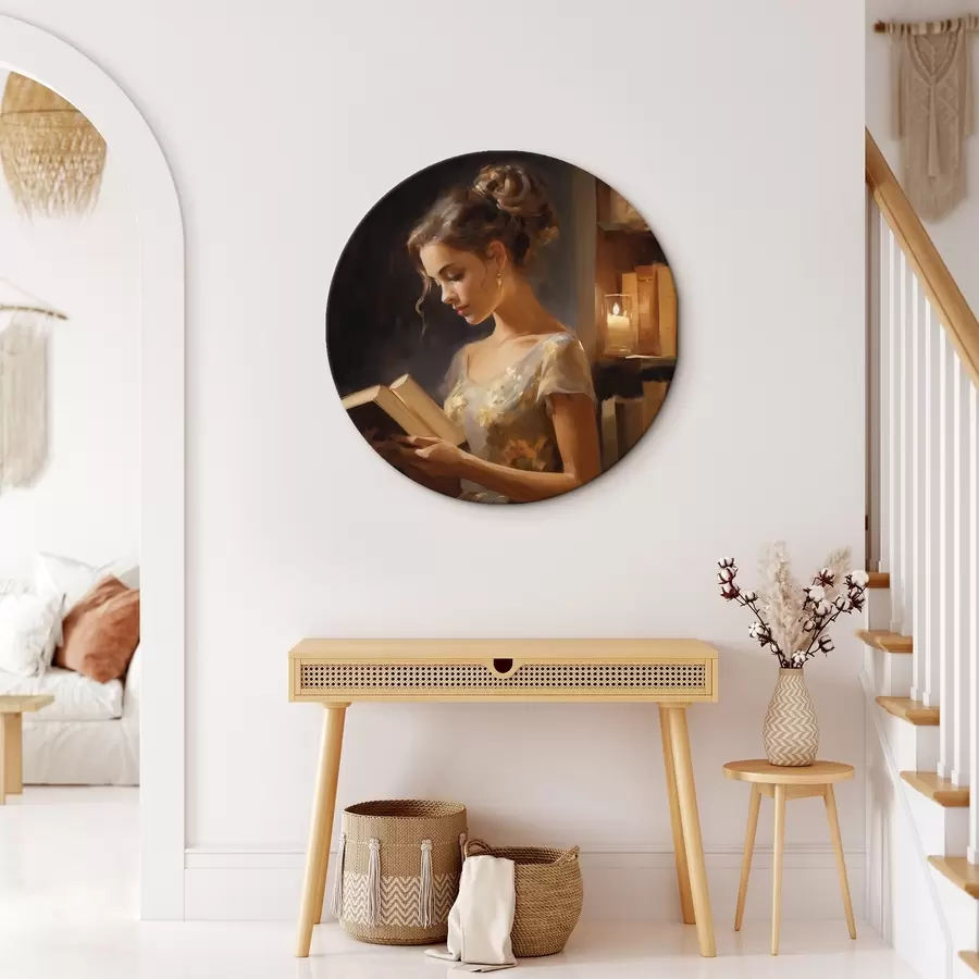 murales de pared Una mujer joven con un vestido elegante lee un libro en un ambiente iluminado, rodeada de estanterías y del suave resplandor de las velas r42570