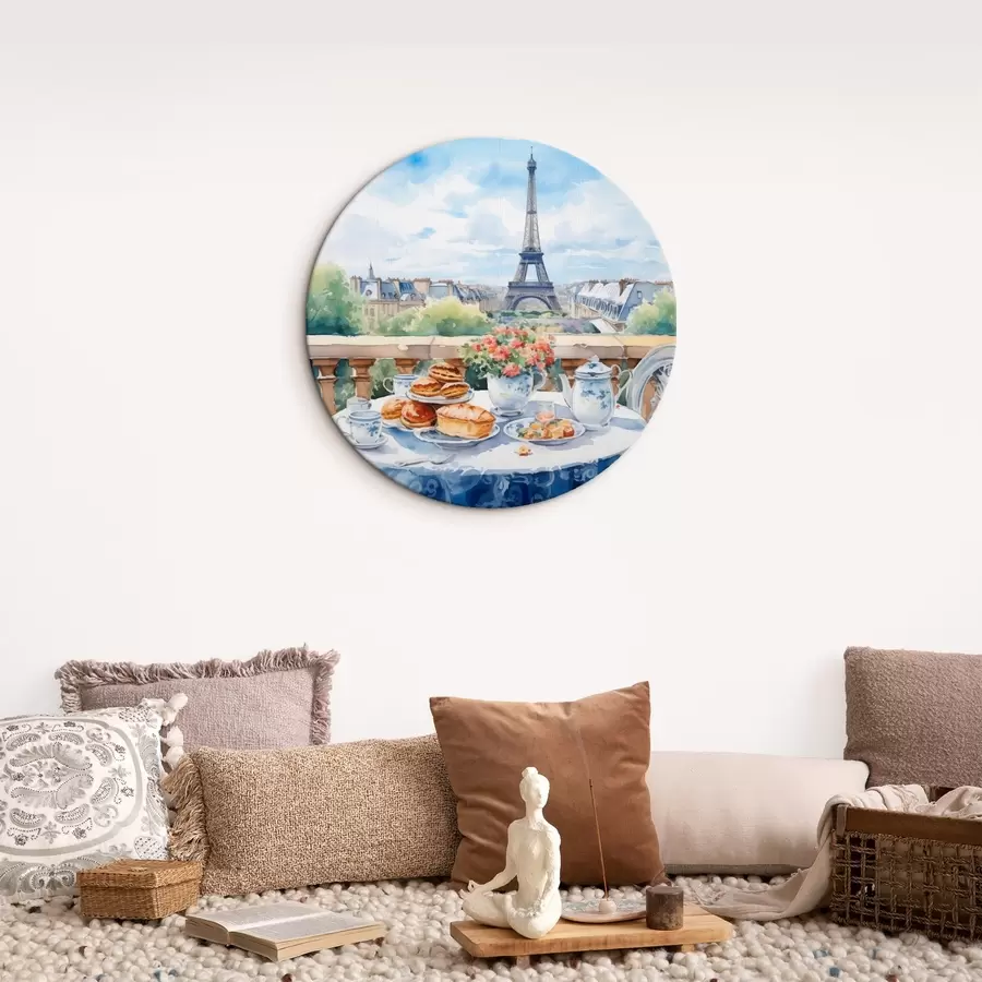 murales de pared Una romántica vista de la Torre Eiffel desde un balcón con una mesa puesta con postres, té y flores en un ambiente veraniego r42579