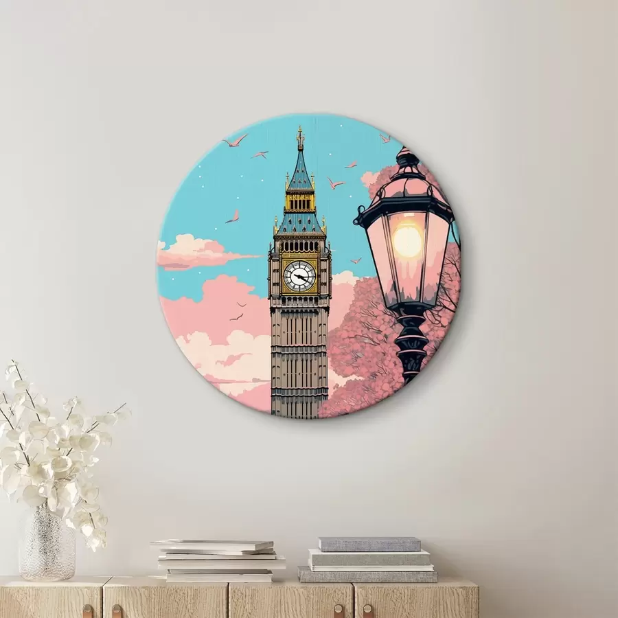 murales de pared Una vista del Big Ben con árboles de color rosa primaveral, un cielo azul brillante y una farola antigua en primer plano r42578