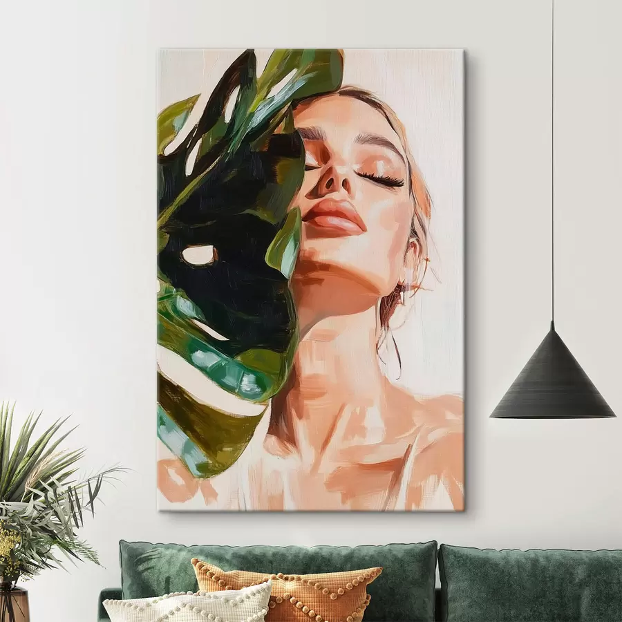 murales de pared Retrato de mujer con una hoja de monstera con pinceladas de imitación s42597