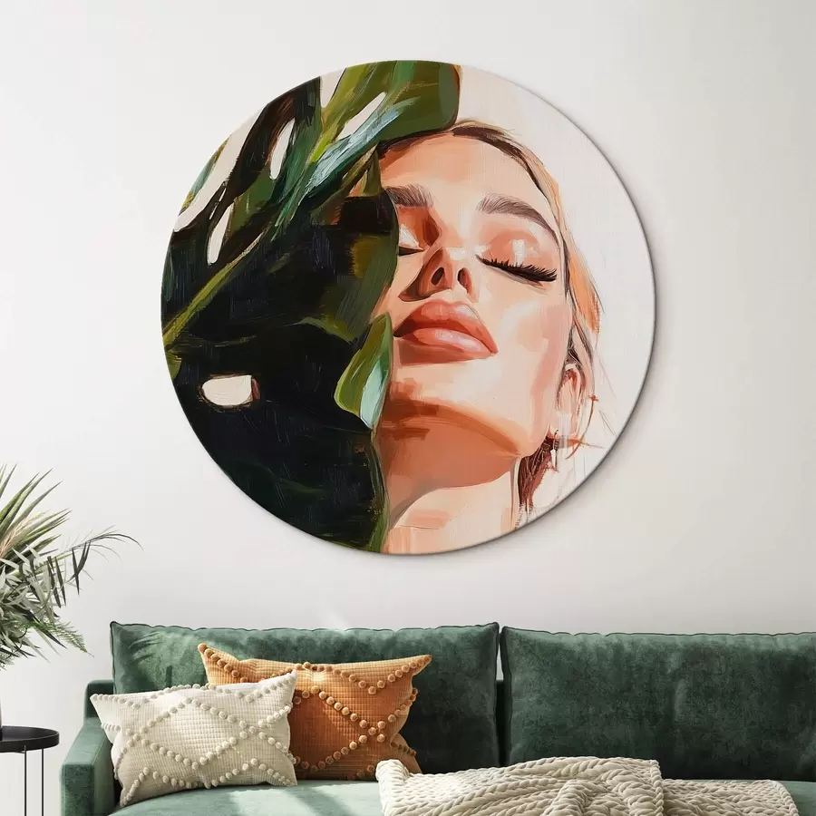 murales de pared Retrato de mujer con una hoja de monstera con pinceladas de imitación r42597