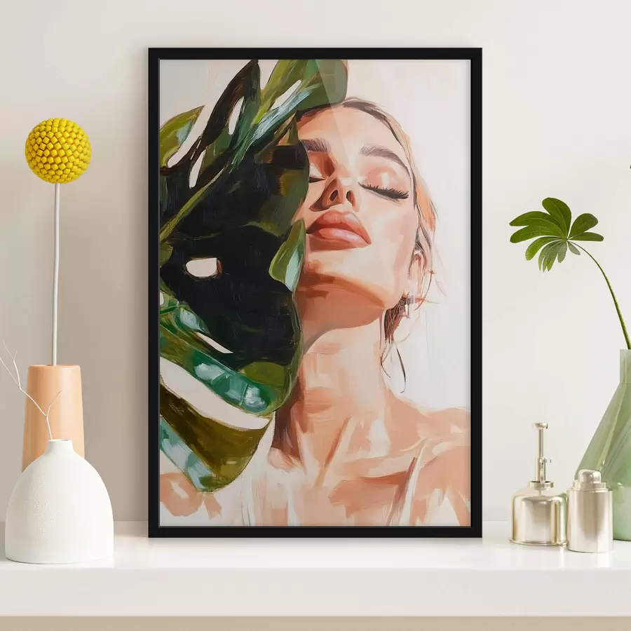murales de pared Retrato de mujer con una hoja de monstera con pinceladas de imitación f42597