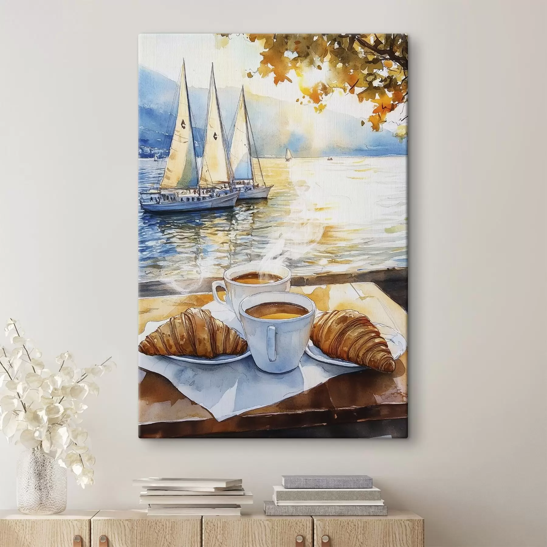 murales de pared Tazas de café, colores del atardecer, lago, veleros, naturaleza, viajes s42443