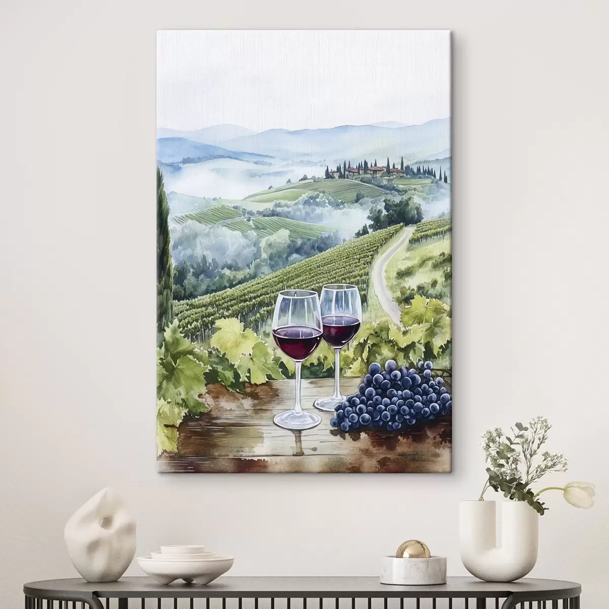 murales de pared Paisaje toscano, patios de uvas, copas de vino, estilo acuarela s42445