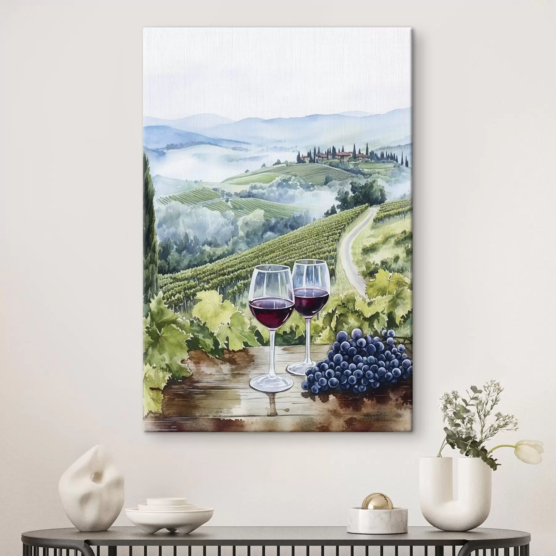 murales de pared Paisaje toscano, patios de uvas, copas de vino, estilo acuarela s42445