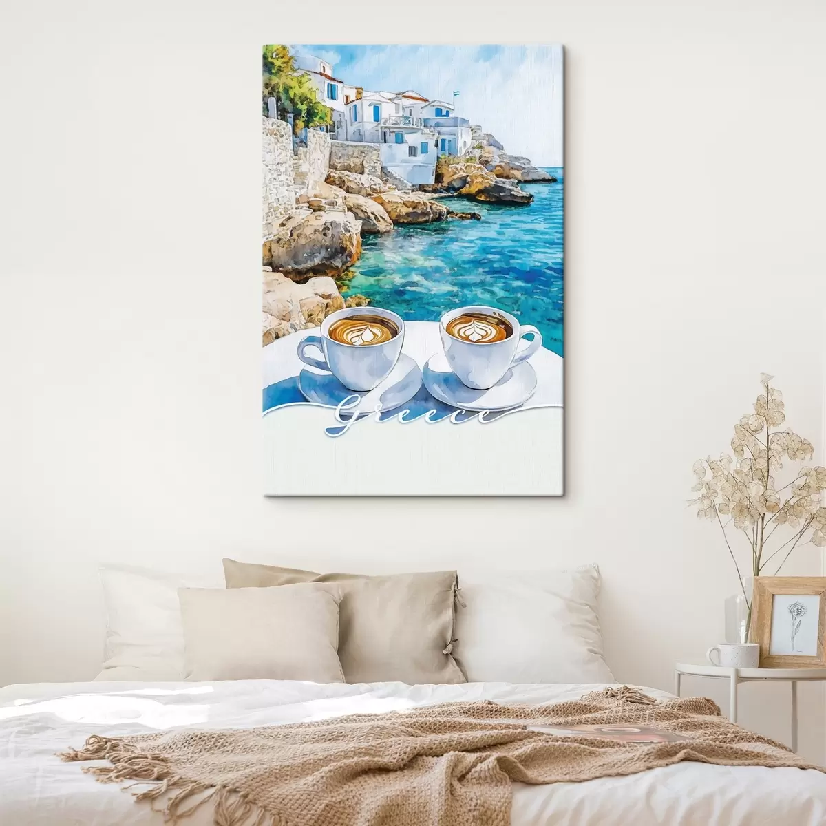 murales de pared Grecia estética, tazas de café, mar azul, casco antiguo, viajes s42447