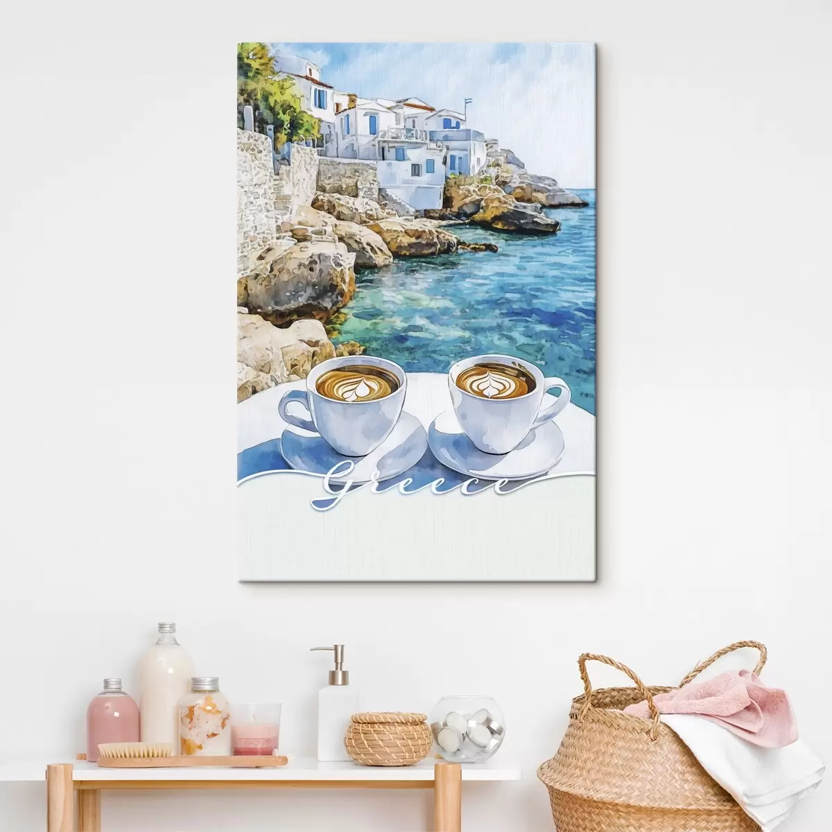 murales de pared Grecia estética, tazas de café, mar azul, casco antiguo, viajes s42447