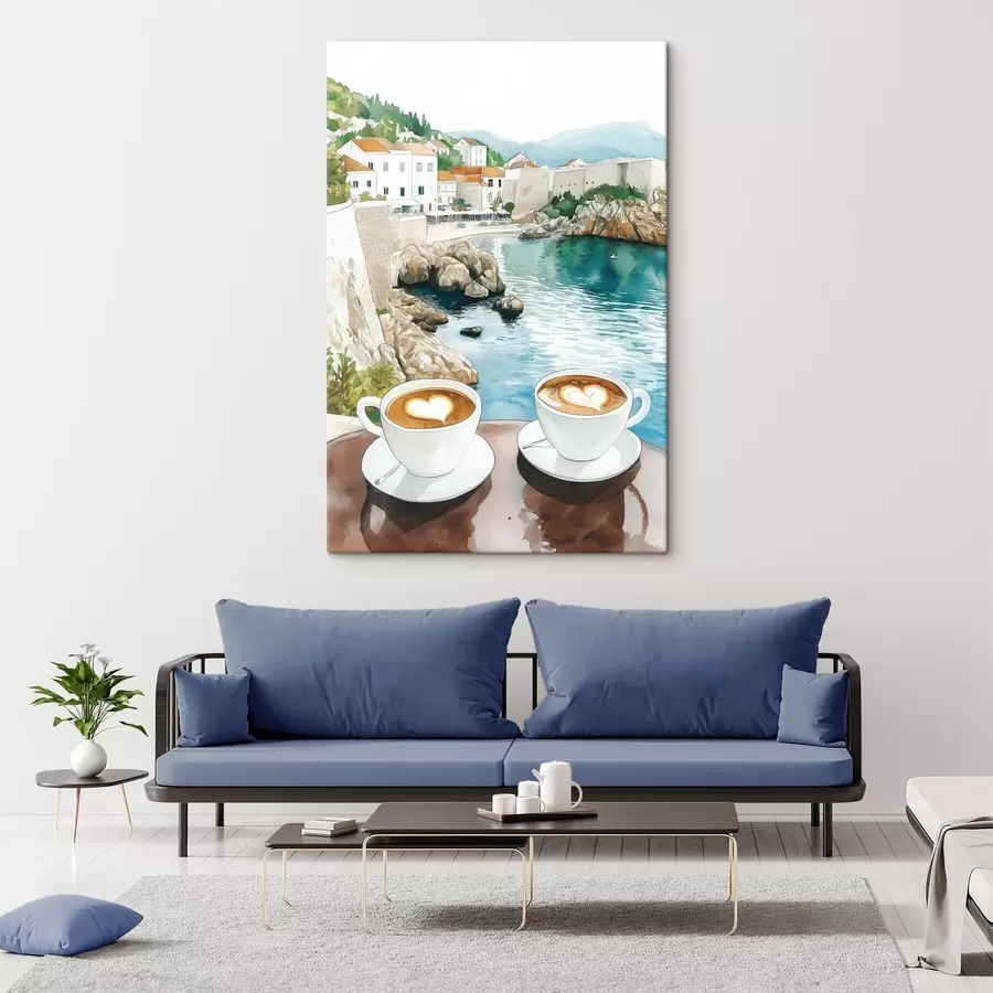 murales de pared Tazas de café junto al mar, estilo acuarela, Croacia s42448
