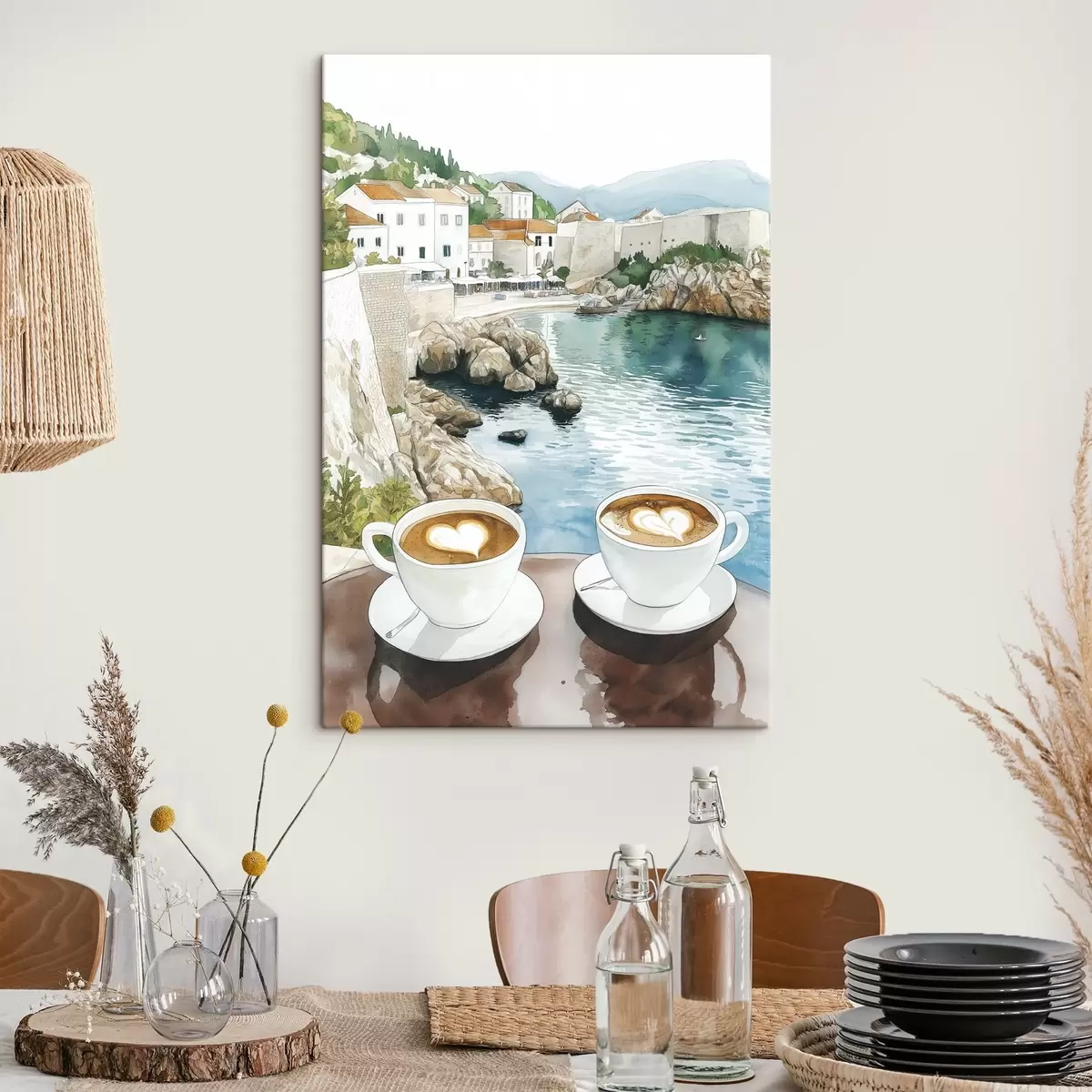 murales de pared Tazas de café junto al mar, estilo acuarela, Croacia s42448