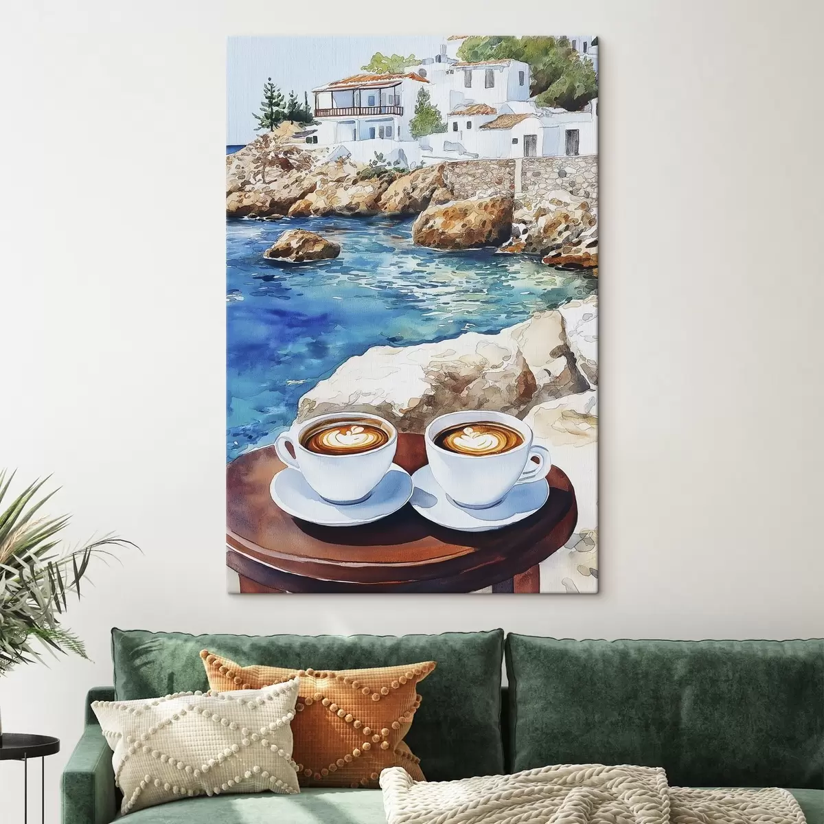 murales de pared Acuarela junto al mar con tazas de café, verano s42449
