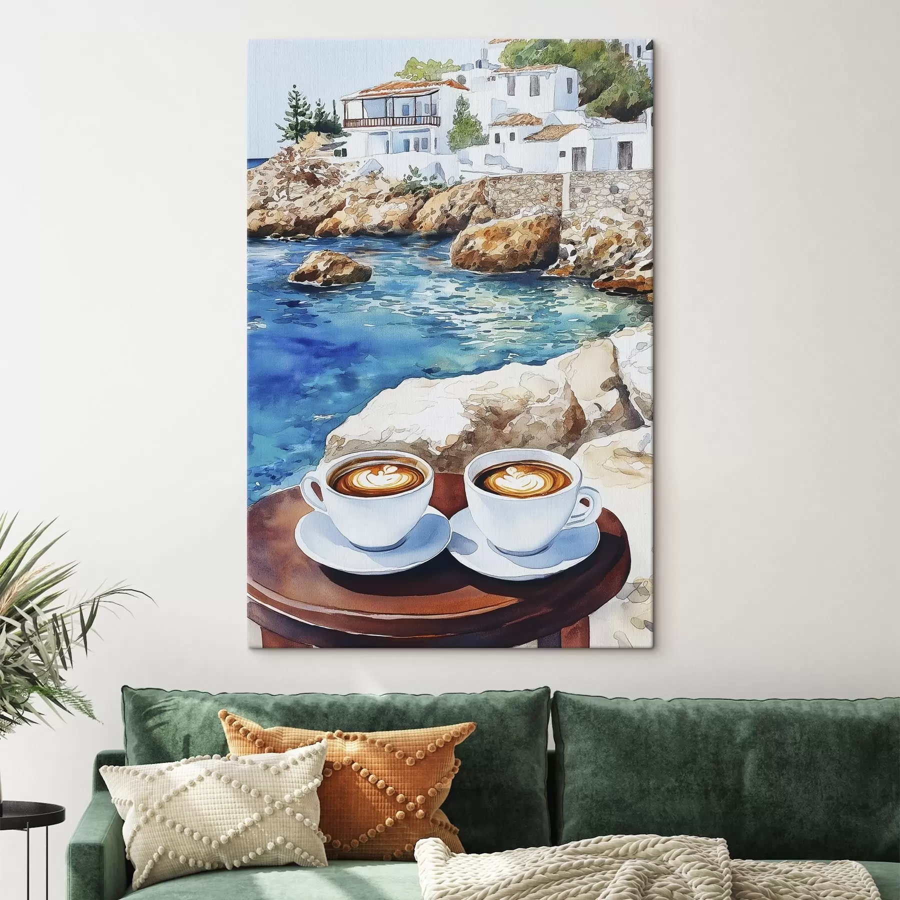 murales de pared Acuarela junto al mar con tazas de café, verano s42449